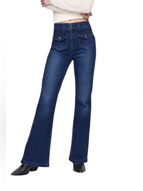 GAP 70s Flare High Rise Jeans Women’s 30/10R Dark Wash Flap Pocket Stretch Retro